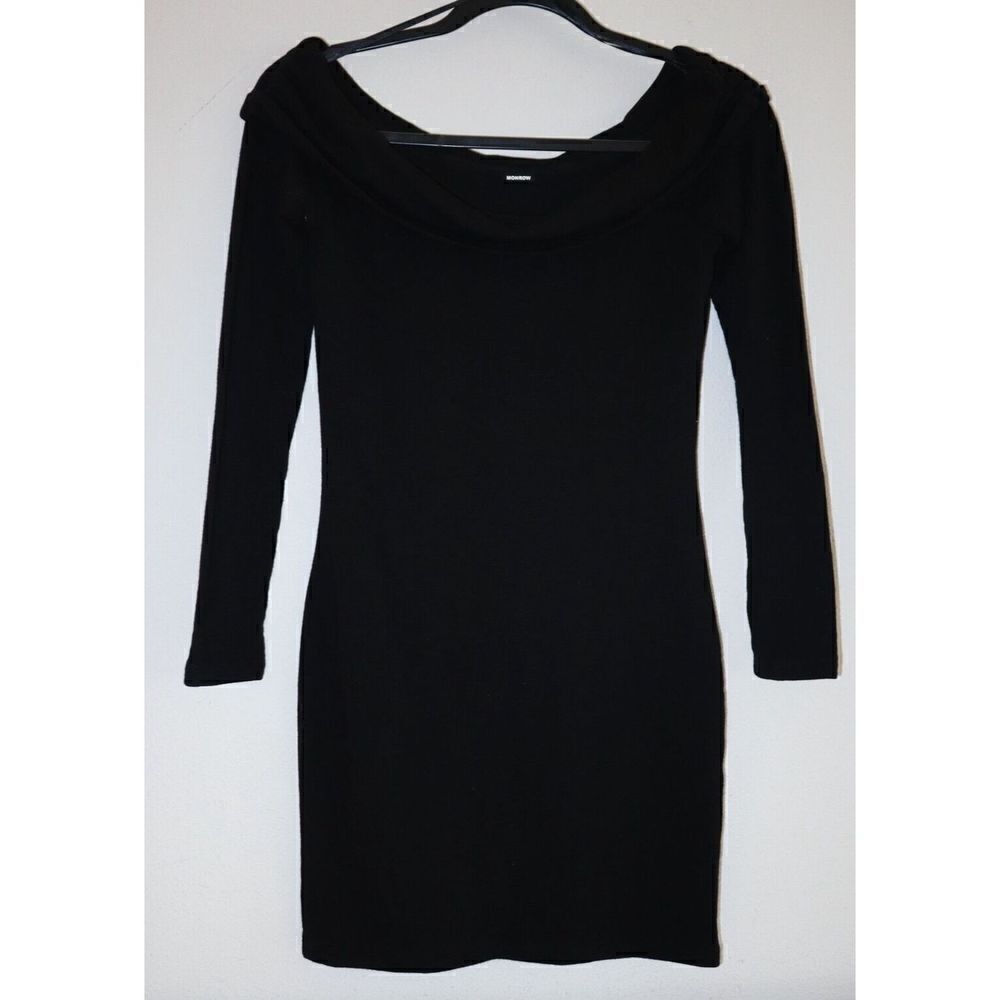 Monrow Women's Sz Small Black Off Shoulder Long Sleeve Mini Dress - Picture 3 of 8